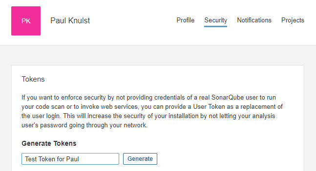 Generate a user token within the admin menu of SonarQube