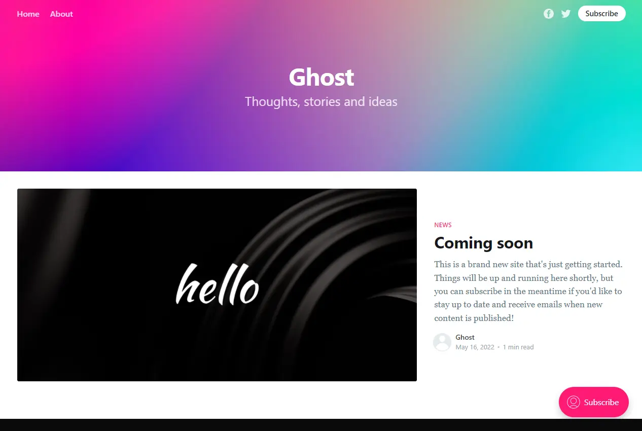 Ghost Blogging Platform default interface after installed in Docker Swarm