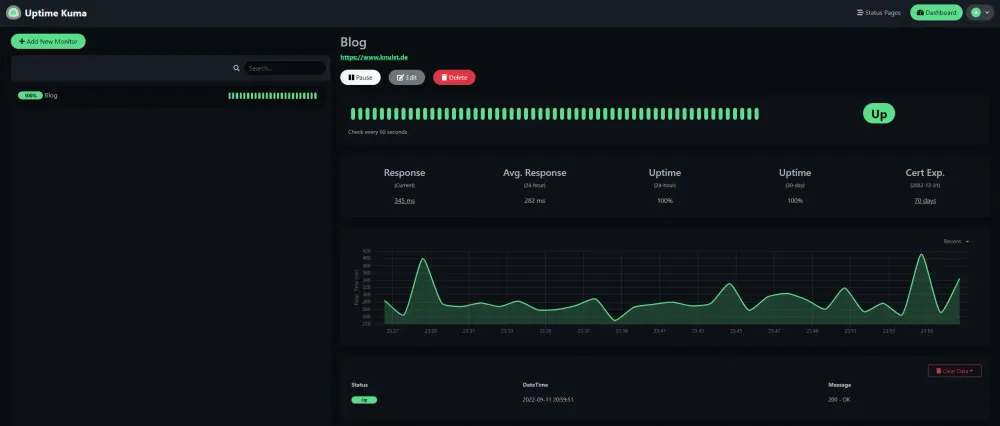 Dashboard overview in Uptime Kuma after deploying it with Docker and Traefik to monitor a website